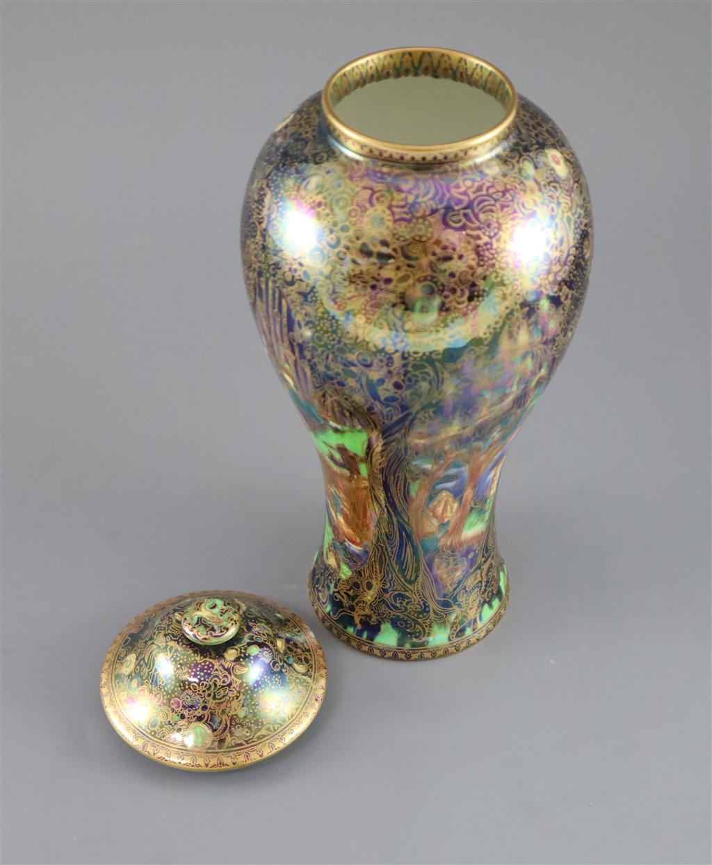 A Wedgwood Fairyland lustre Jewelled Tree pattern 2046 shape vase and cover, designed by Daisy Makeig-Jones, 28cm high